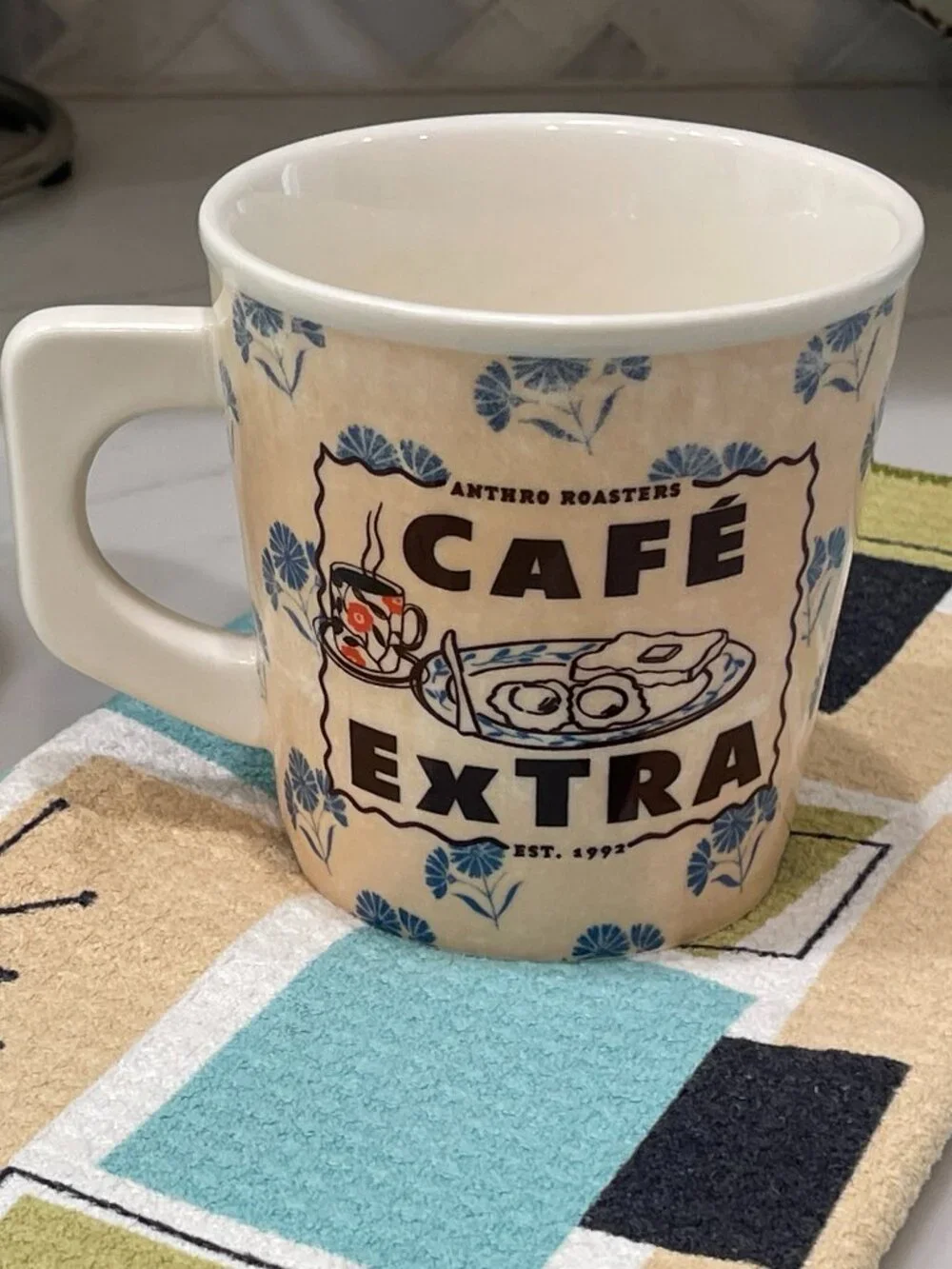 2 Anthropologie Bistro Blue 'Café Coffee Mugs--Retro Coffee Break Memories!